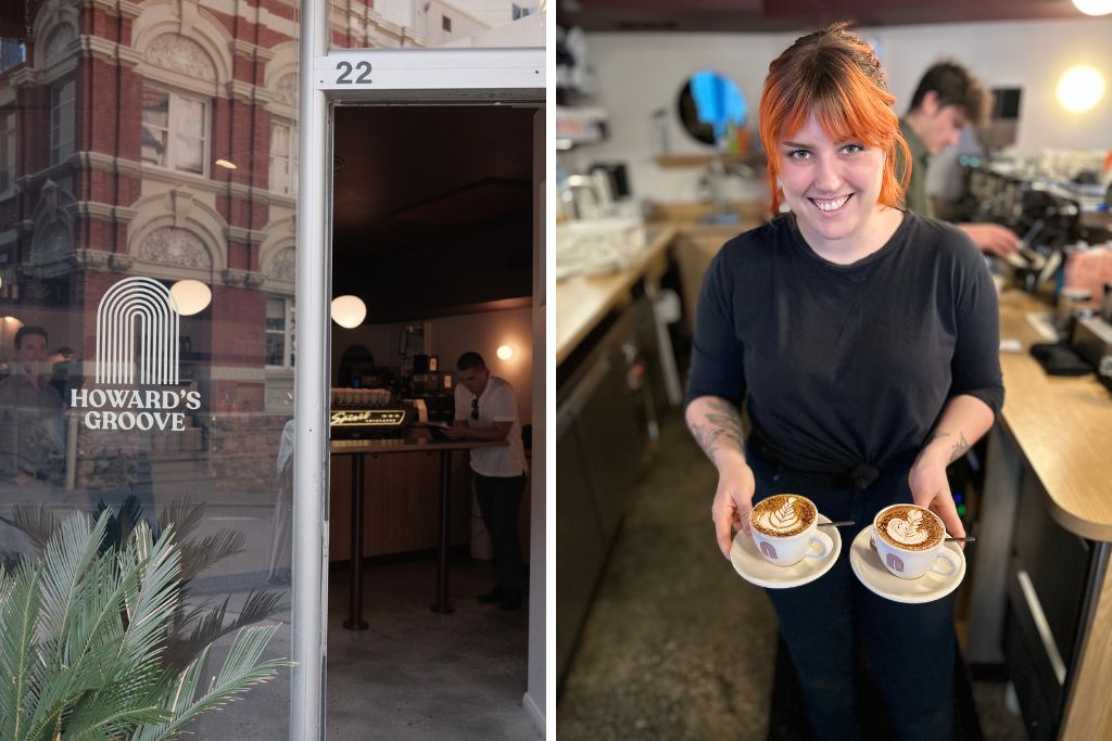 Howard's Groove Perth shop front and barista with two coffees