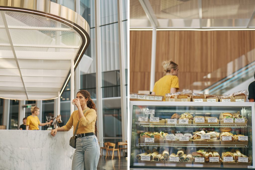 Girl with coffee and a sandwich display at La Veen Perth