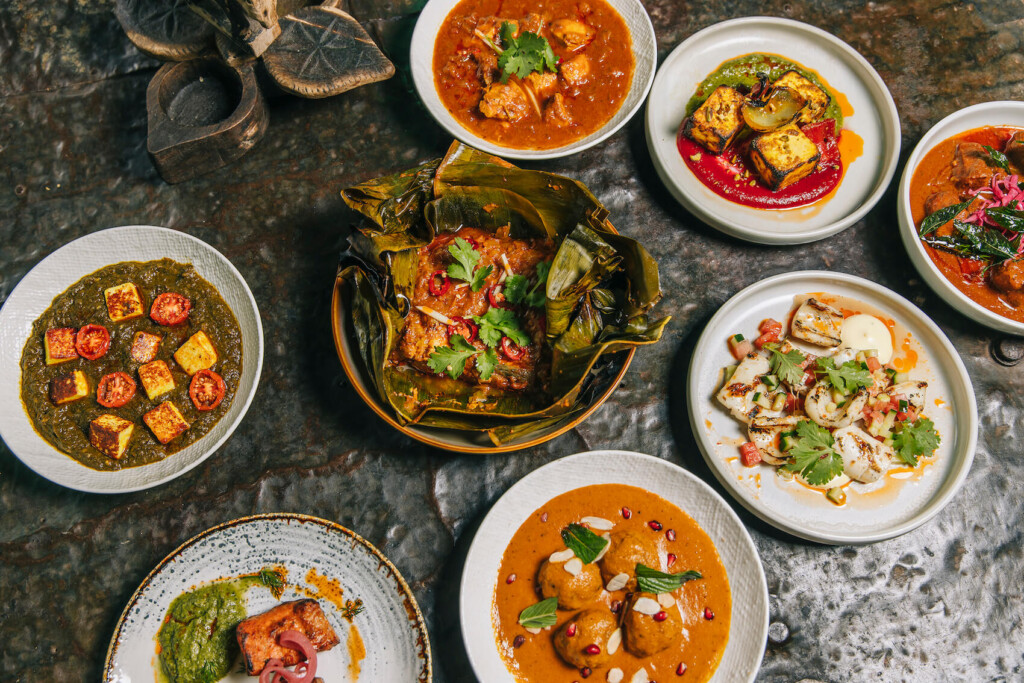 Flatlay of Indian dishes at Sauma
